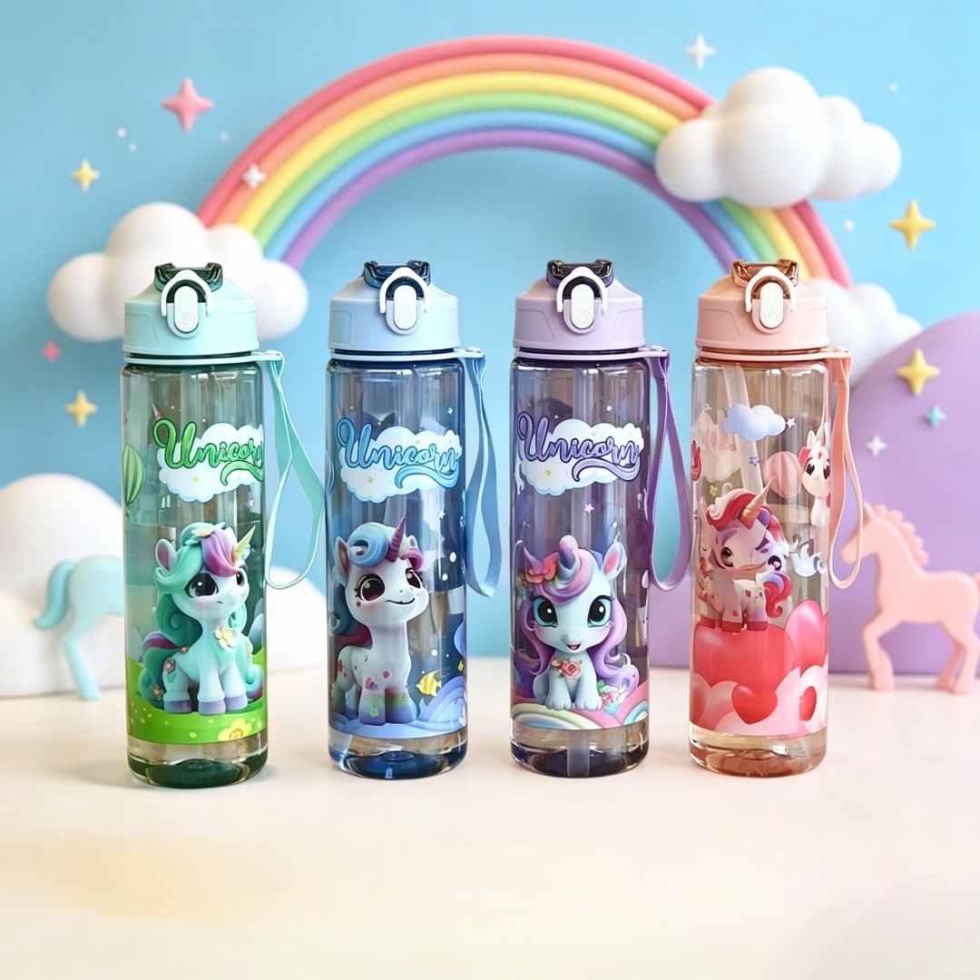 Aquatic Gym - Şeffaf Karikatür Unicorn Su Şişesi, Şık